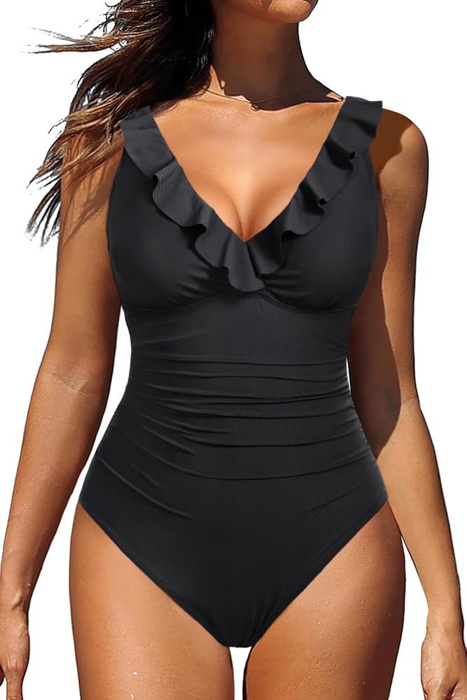 Holipick Women One Piece Swimsuits Tummy Control Bathing Suit Ruffle V Neck Swimwear Slimming Mon... | Amazon (US)