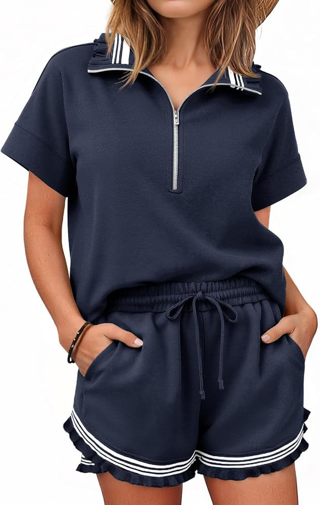 Aoysky 2 Piece Outfits Short Sets for Women Sweatsuit Casual Tracksuits Summer Half Zip Ruffle To... | Amazon (US)