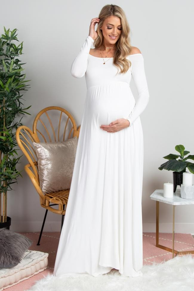 PinkBlush Tall Ivory Solid Off Shoulder Maternity Maxi Dress | PinkBlush Maternity
