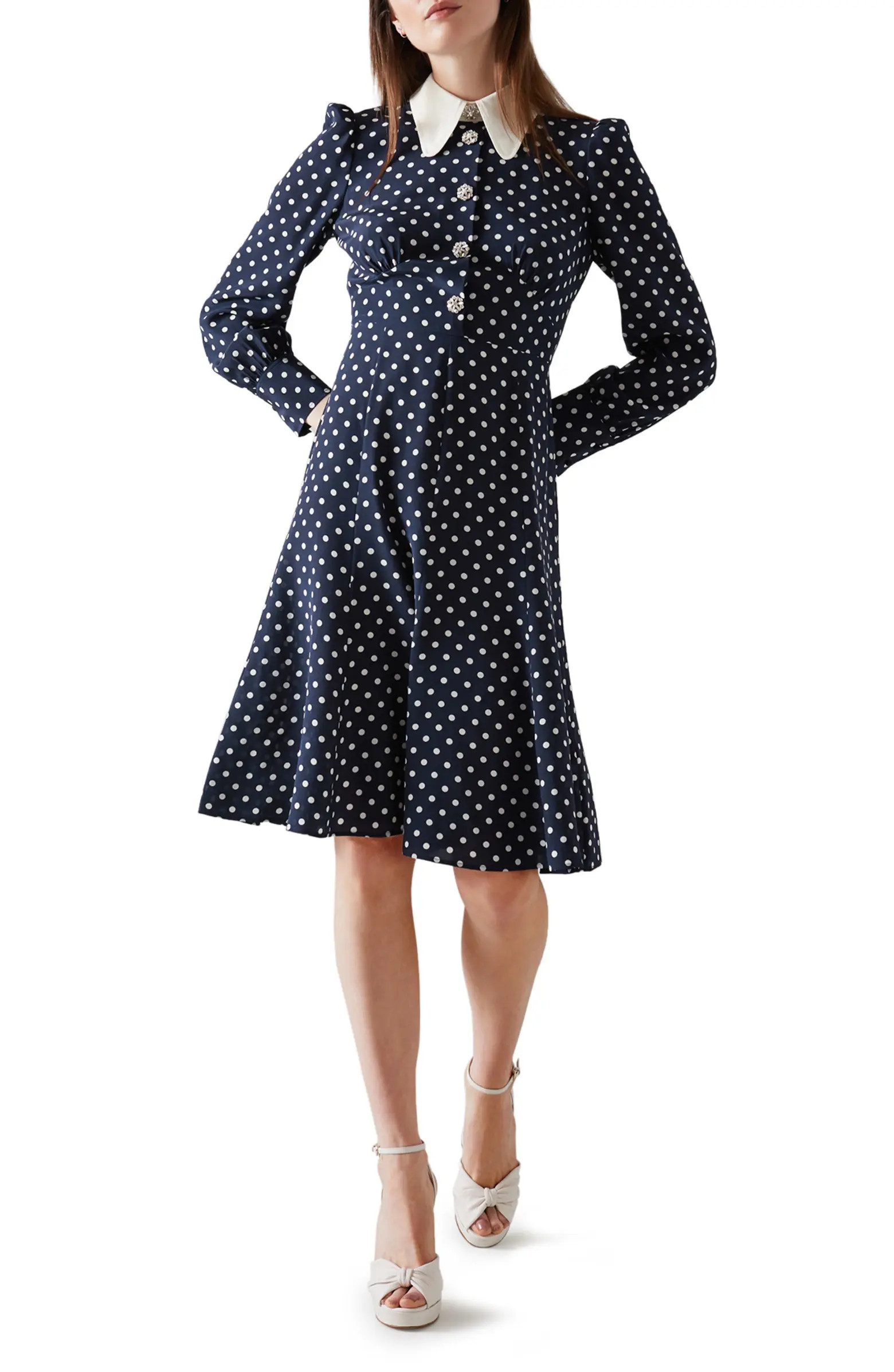 Mathilde Polka Dot Long Sleeve Silk Fit & Flare Dress | Nordstrom