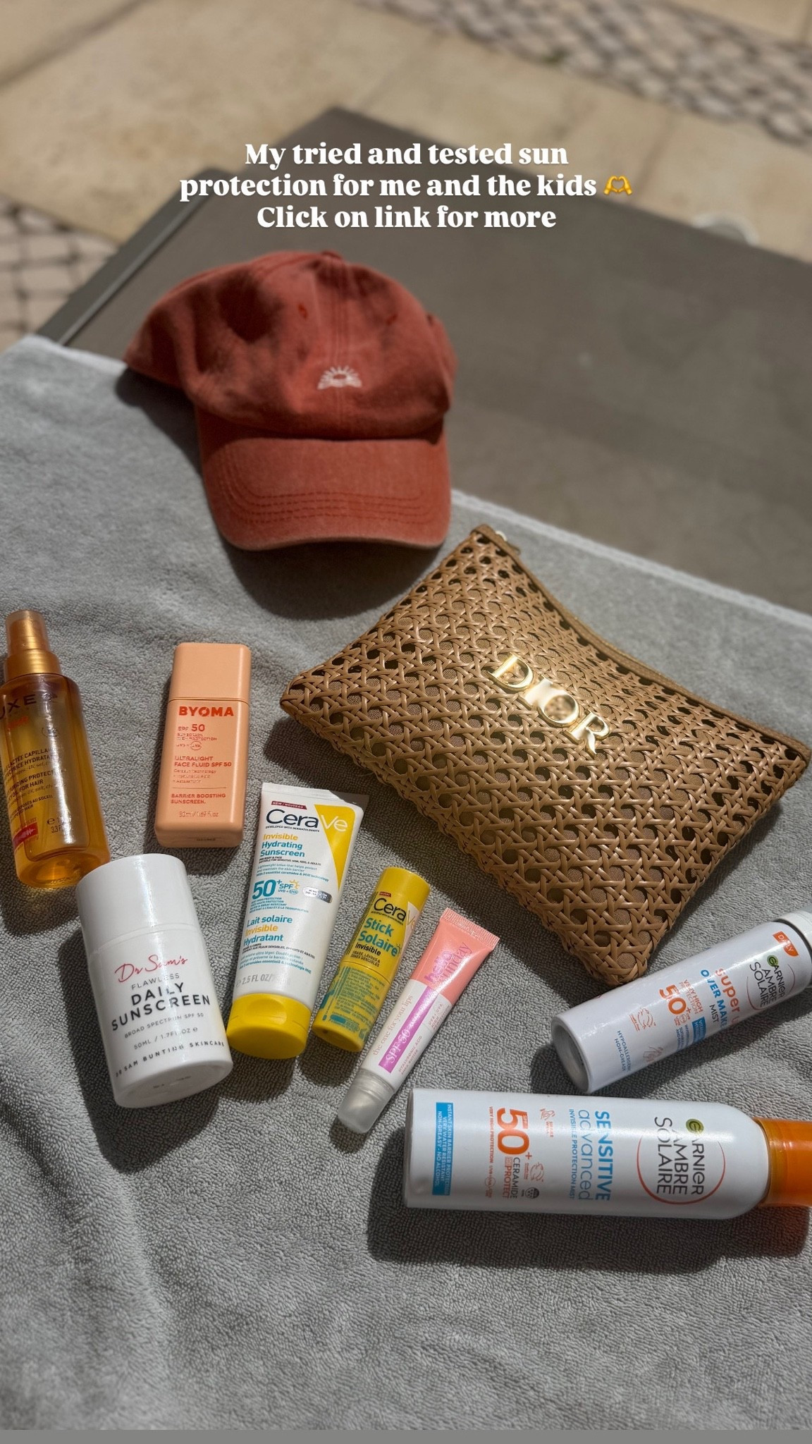Everything I use to protect me and kids from the sun! All tried and tested for our sensitive skin! And we never burn! 

NUXE sun moisturizing protection hair oil 
DR SAMs daily sunscreen is the best! 
BYOMA SPF sun stick suitable for pre teens! 
HELlO SUNDAY SPF 50 clear lip balm
CERAVE invisible Hydrating sunscreen for the face and body - new for us and love it! 
CERAVE Invisible sun stick - so easy for the kids to use! 
GARNIER super UV over make up mist SPF50 - always in my bag for touch ups! 
GARNIER Sensitive advanced SPF50 Protection Mist - family dav. 
DIOR pouch 🫶🫶🫶

#LTKsummer #LTKeurope #LTKtravel