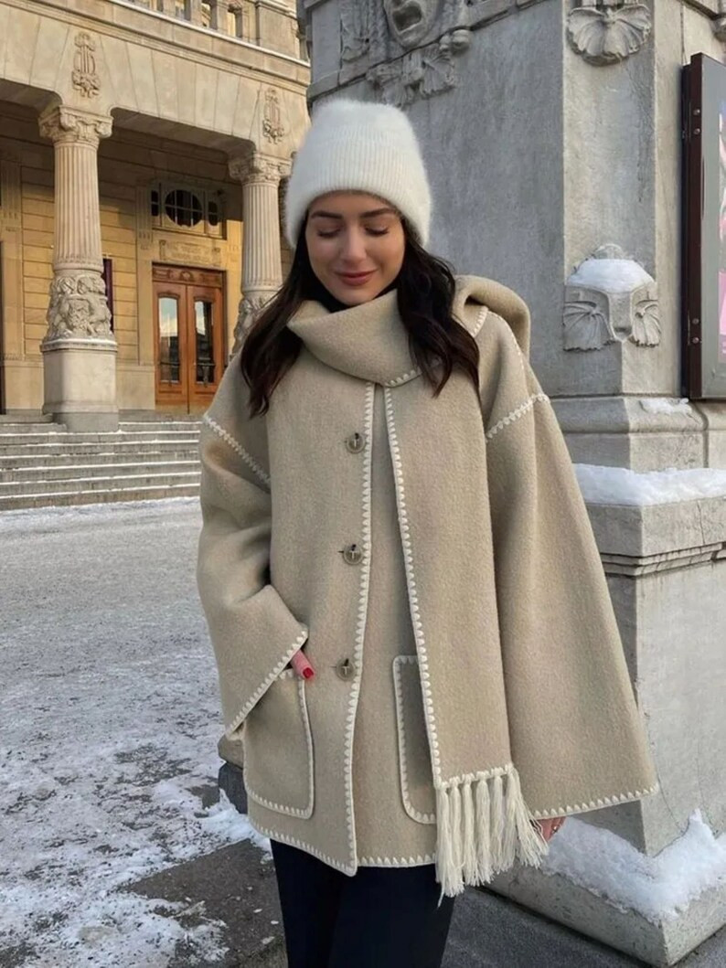 Elegant Women's Coat With Scarf Female Long Sleeve Pocket - Etsy | Etsy (US)