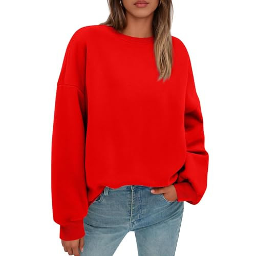 Crewneck Sweatshirts Women Oversized Preppy Sweatshirt No Hood Loose Fleece Pullover Solid Color Y2K Hoodie Thermal Comfort Hoodie Long Sleeve Dressy Sweaters Oversized Sweatshirt for Women, Red, M | Amazon (US)