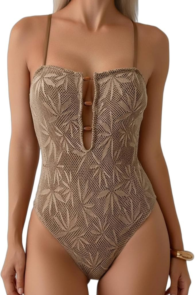 Women' s One Piece Swimsuit Cutout High Cut Bathing Suits with Beaded Boho Ribbed Hollow Out Swim... | Amazon (US)