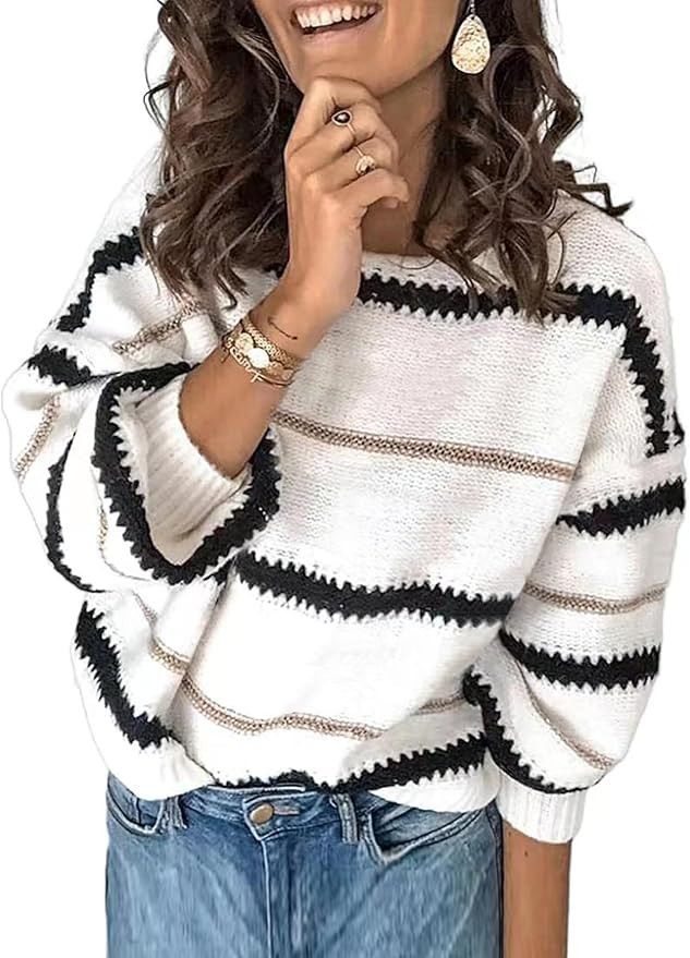 Womens Oversized Cute Striped Sweater Fall Winter Casual Chunky Knit Crewneck Color Block Long Sl... | Amazon (US)