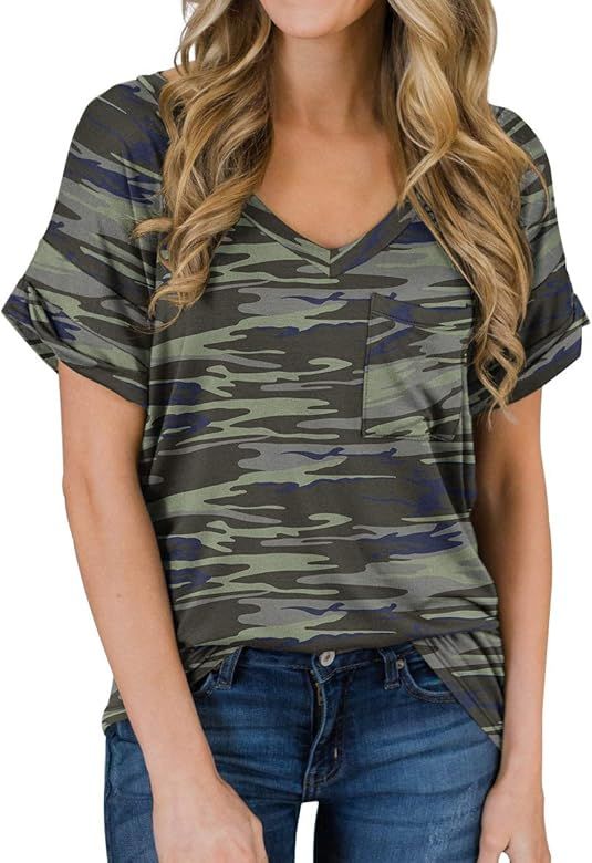 PrinStory Women's Casual Tops Short Sleeve V-Neck Shirts Loose Blouse Basic Tee T-Shirt | Amazon (US)