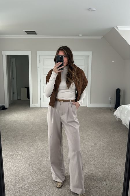Neutral work outfit - wearing small/medium in sweater and S in turtleneck (code CLAIRE20). Size up one in trousers (wearing the long)  

#LTKsalealert #LTKfindsunder50 #LTKfindsunder100
