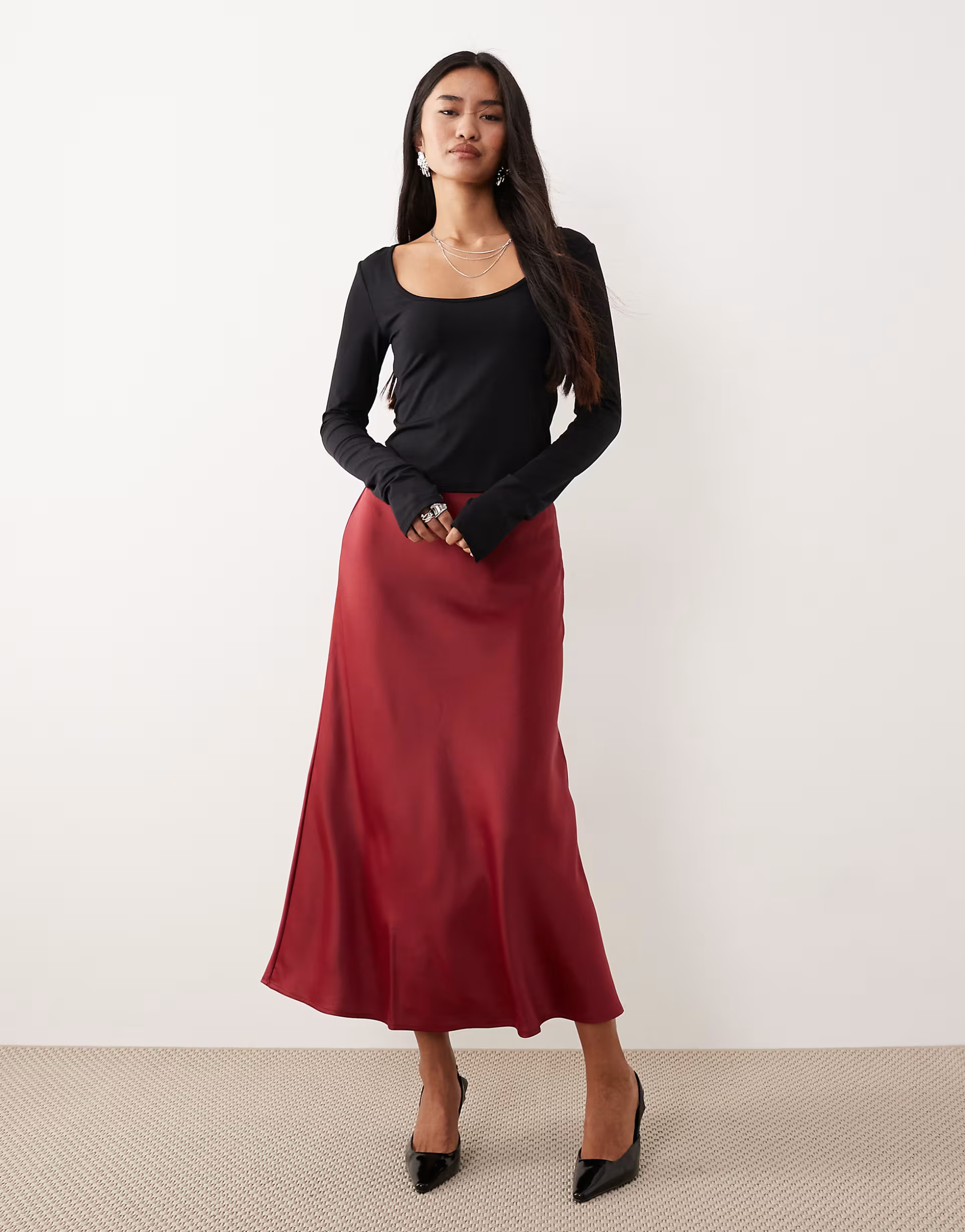 YAS satin midi skirt in deep red  | ASOS | ASOS (Global)