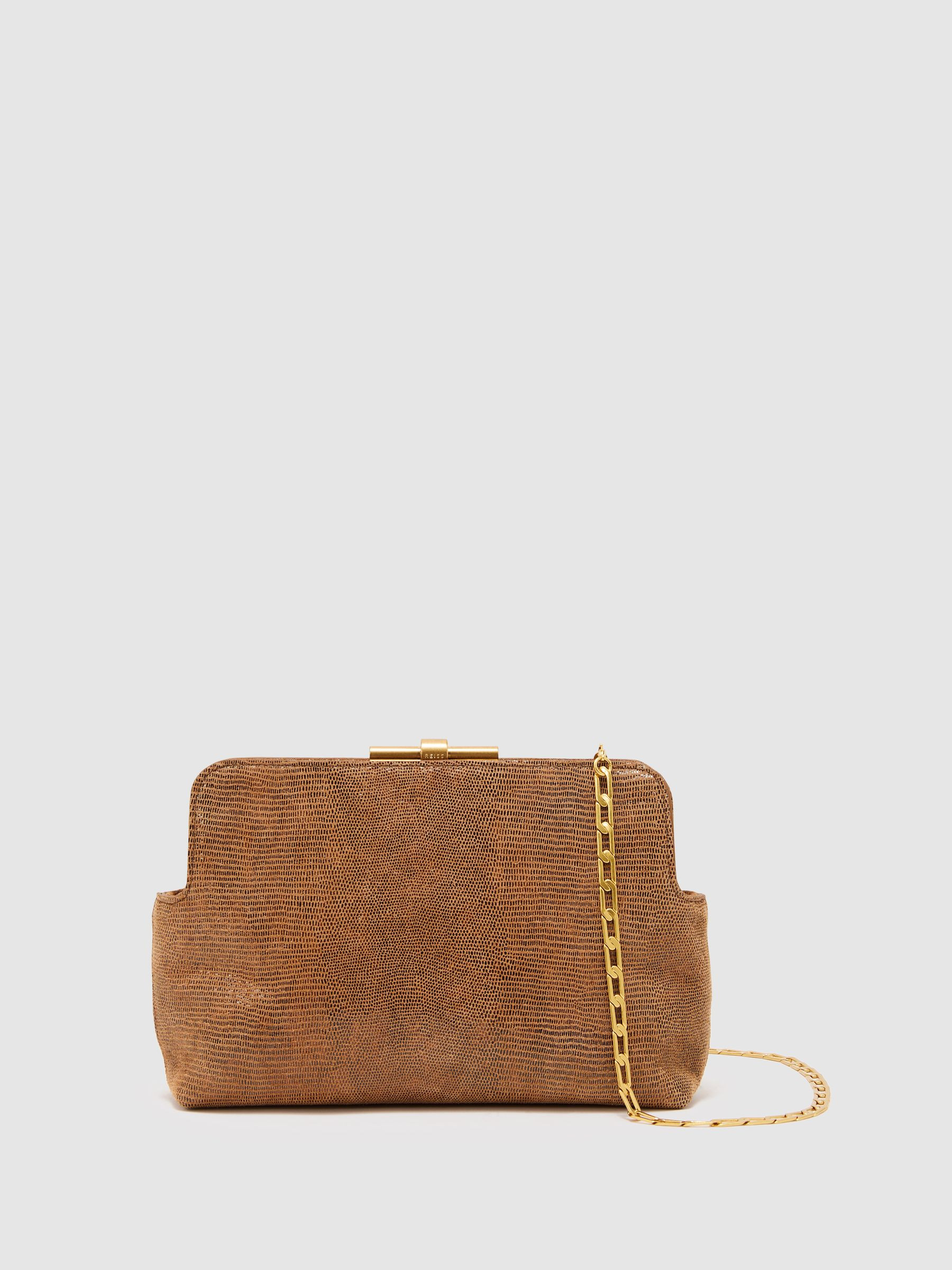 Suede Lizard-Effect Frame Clutch Bag in Tan | Reiss UK