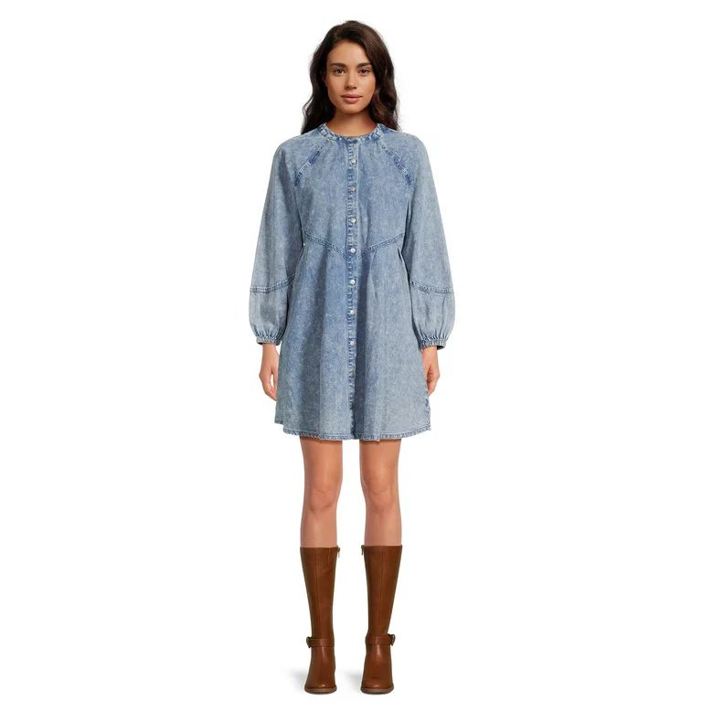 Time and Tru Women's Button Front Denim Mini Dress with Long Sleeves, Sizes XS-3XL | Walmart (US)