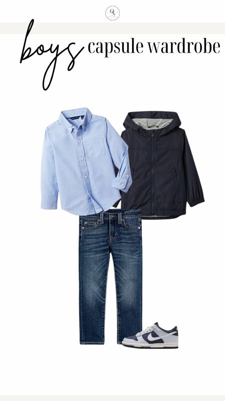Boys capsule wardrobe outfit idea. I love this for a modern church service, school event or birthday party. The wind breaker is a great and easy layering piece for spring that goes dressy or casual. Once your boys hit size 4 you can start buying the non-iron version of these shirts (linked below) 🙌🏻

Here is a list of recommended items with the number I suggest for each! Remember this is a jumping off point and you should go through your kids clothes and see what they have first before heading to the store.

5x Short Sleeve Tshirts // I recommend a mix of graphic and plain Tshirts.

4x Long Sleeve Tshirts // I recommend a mix of plain and stripe

2x polo shirts // solid blues work well here

Jackets // Windbreaker or rain coat and a pullover 

2x Denim // I recommend one dark and one light. We love target jeans and HM for our boys. 

2x Joggers in grey and navy

5x shorts // I recommend navy, khaki and grey as a base and then fill in with color and pattern for the remaining 3.

1x Dress pants // I love Jcrew for my joys.

Shoes // casual sandals that can get wet like keens, crocs or natives Dress shoes (we love loafers!) and sneakers.

Accessories: An easy to adjust belt, socks for sneakers and socks for dress shoes. 

Spring outfits, kids outfits, outfits for boys, boys capsule wardrobe, kids capsule wardrobe, spring capsule wardrobe, boys outfits