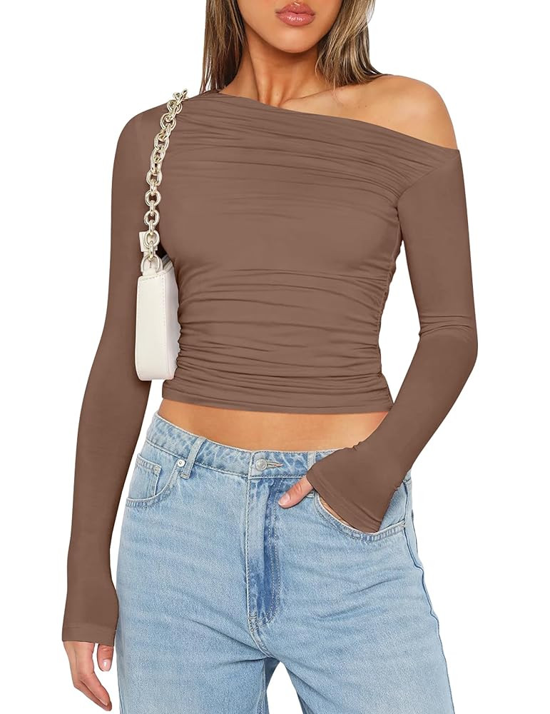 Zeagoo Womens Long Sleeve Off The Shoulder Casual Crop Tops Boat Neck Going Out Slim Fit Y2K T Sh... | Amazon (US)