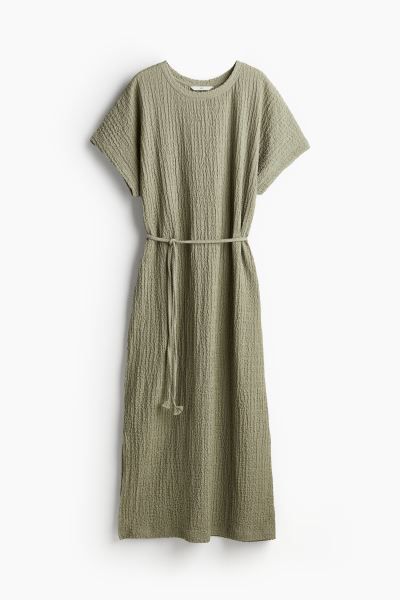 Tie-belt Textured Jersey Dress - Light khaki green - Ladies | H&M US | H&M (US + CA)