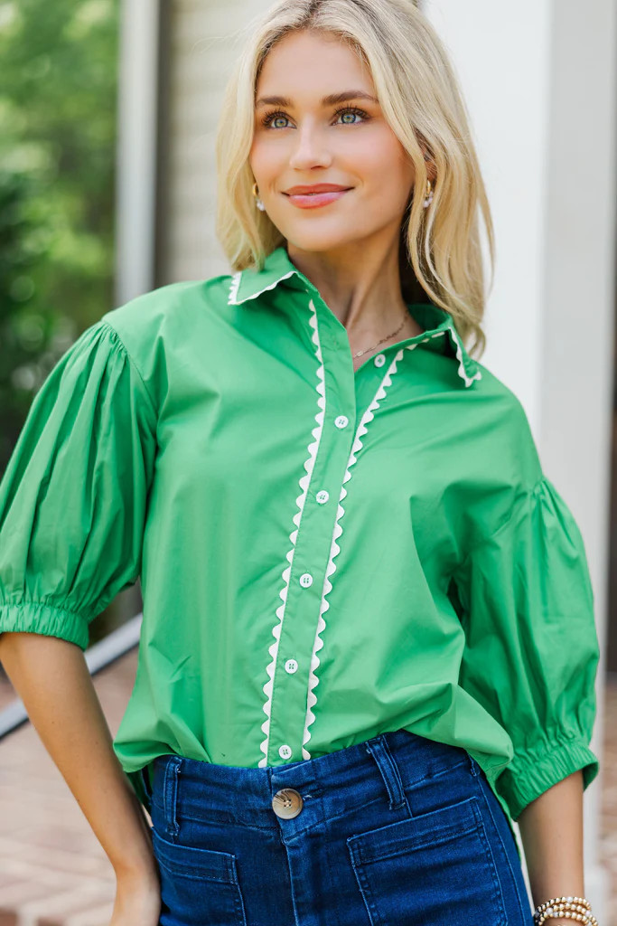 Everyday Elegance Green Scalloped Puff Sleeve Blouse | The Mint Julep Boutique