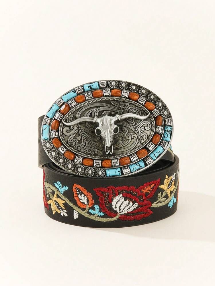 1pc Women Flower Embroidered Cattle Head Detail Oval Buckle Cowboy Belt For Daily Life | SHEIN