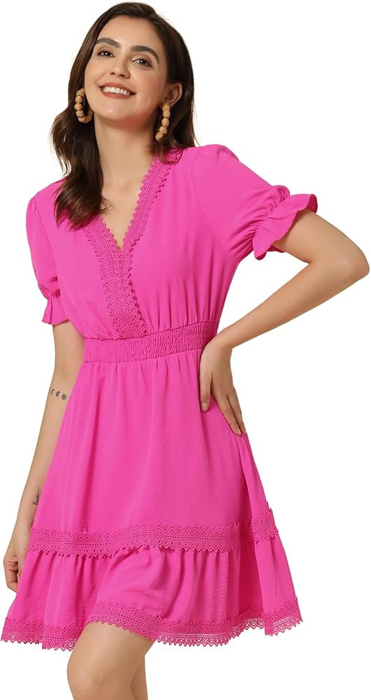 Allegra K Women's Boho Crochet Trim Puff Sleeve V Neck Smocked Waist Ruffled Tiered Dress | Amazon (US)