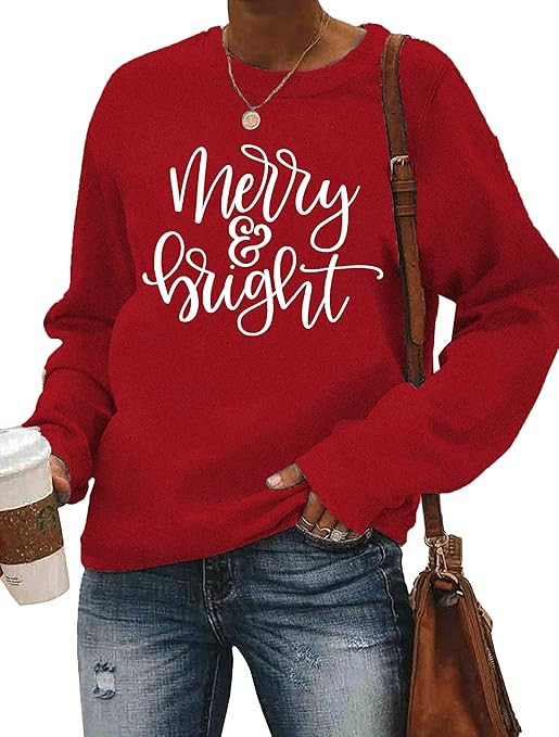 Christmas Sweatshirt Women Merry and Bright Christmas T-Shirt Funny Xmas Lights Blouse Tops Holid... | Amazon (US)