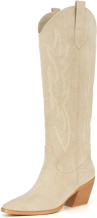 iiimmu Cowgirl Boots Women Knee High Boots Pointed Toe and Block Heel Cowboy Suede Boots with Emb... | Amazon (US)