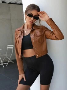 Flap Pocket Crop PU Jacket SKU: sw2207083810610311(63 Reviews)$21.49AddThis Sharing ButtonsShare ... | SHEIN