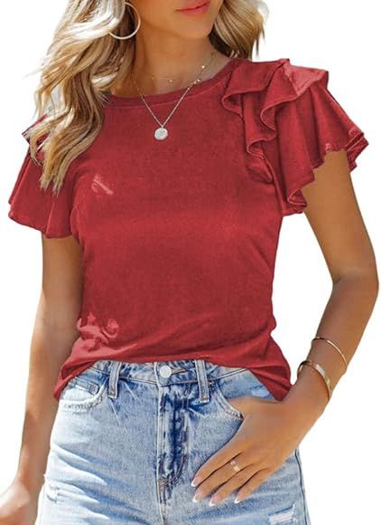 SHEWIN Womens Summer Tops Crewneck Ruffle Short Sleeve T Shirts Casual Slim Fit | Amazon (US)