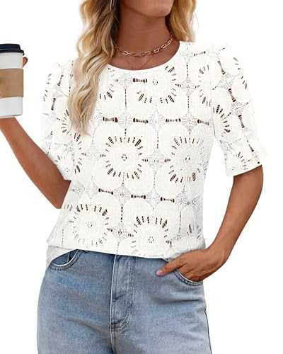 KIRUNDO Lace Tops for Women Blouses Dressy Casual Boho Eyelet Puff Short Sleeve Shirts Spring Sum... | Amazon (US)