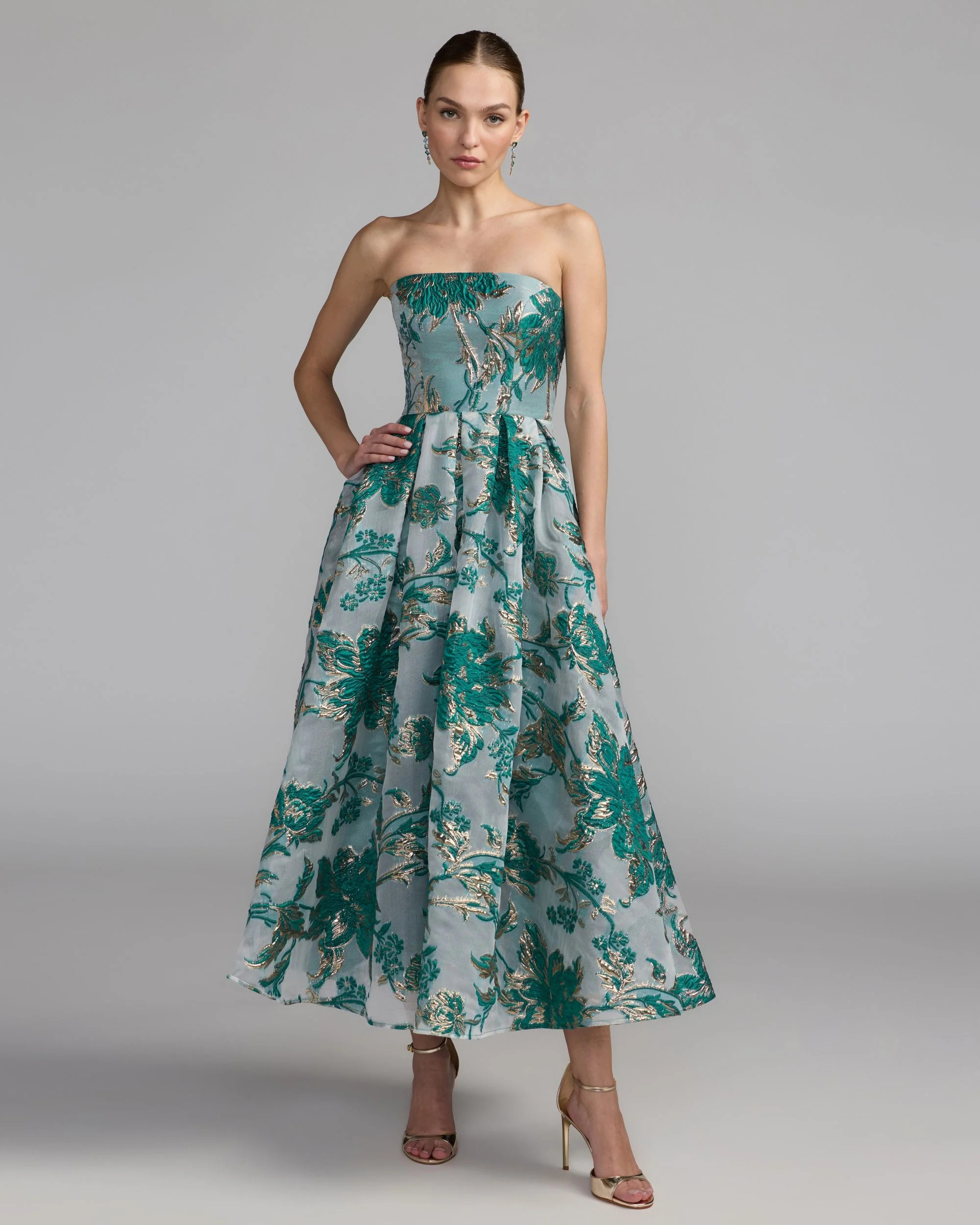 Teal Strapless Brocade Midi Dress with Pockets | Mac Duggal | Mac Duggal
