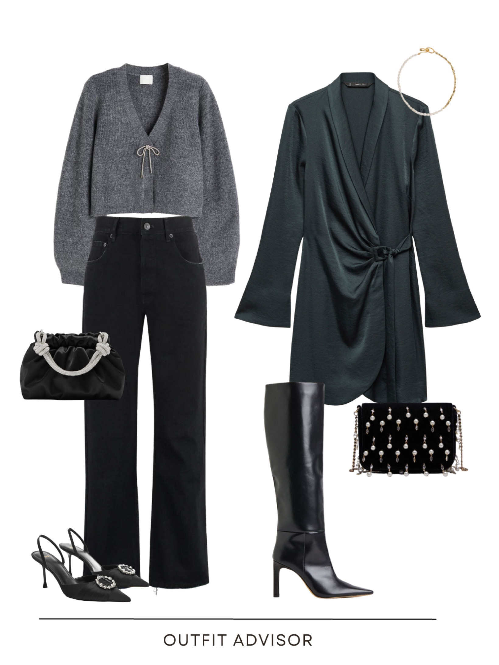 Chic Christmas office party outfit ideas: a satin green dres, crossbody bag with charms, knee high boots & a pearl necklace or a black pair of jeans, h&m viral grey cardigan, a satin clutch bag and kitten heels with a silver broach.

#LTKparties #LTKstyletip #LTKCyberWeek