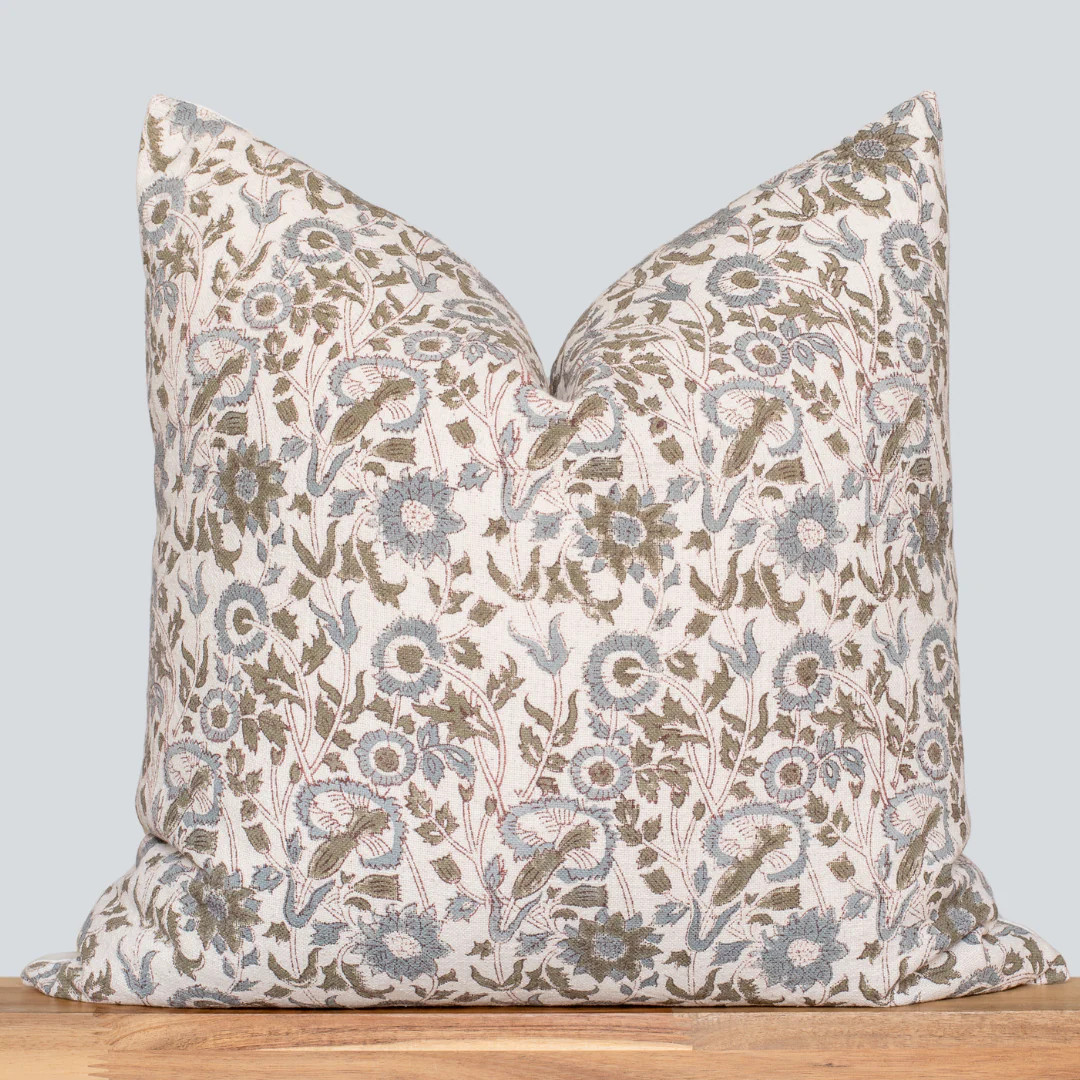 Mirelle Floral Block Printed Pillow Cover | Blue, Green, Burgundy | Apartment No.3