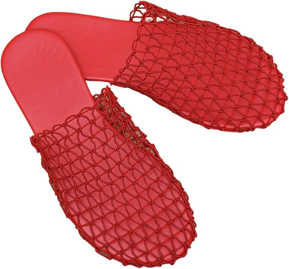 OYOANGLE Women's Fishnet Mesh Woven Flat Sandals See Through Hollow Out Slip On Slides | Amazon (US)