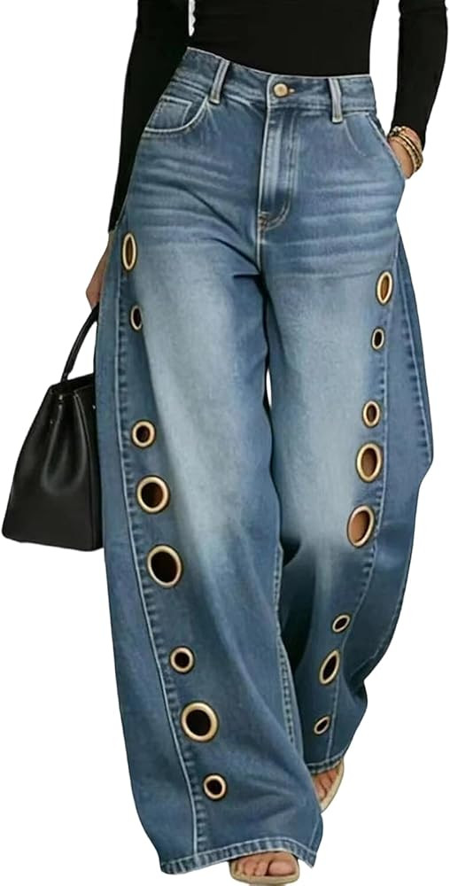 DINGANG Baggy Wide Leg Jeans for Women High Waisted Cut Out Metal Circle Ring Grommet Denim Pants | Amazon (US)