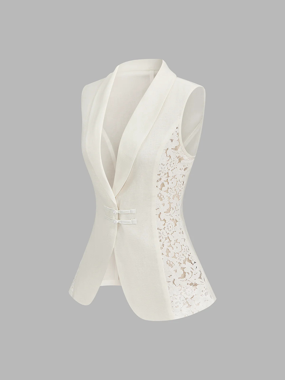 Lace Panel Frog Button Linen Blend Blazer Vest | Commense