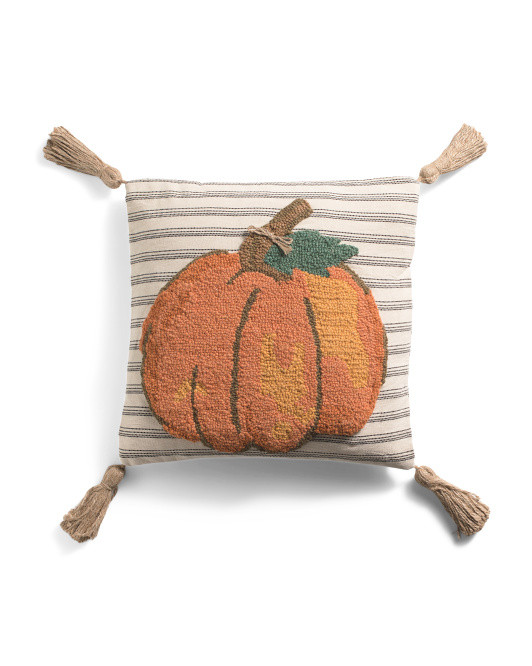 Pumpkin Hooked Wool Pillow With Tassels | TJ Maxx