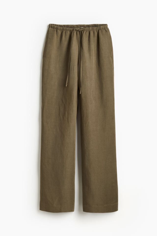 Linen-blend Pants - Regular waist - Long - Dark khaki green - Ladies | H&M US | H&M (US + CA)