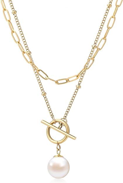 Gold Layered Pearl pendant Necklaces, 18K Gold Plated Initial Paperclip Link Chain Necklace Neckl... | Amazon (US)