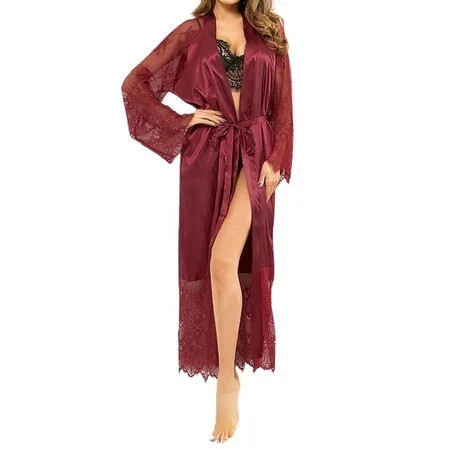 Silk Robes for Women Long-Sexy Satin Robe with Lace-Trim Kimono Style Bride Pajamas Bathrobe for Bri | Walmart (US)