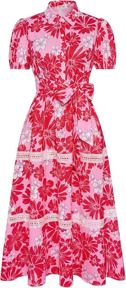 GRACE KARIN Women's 2025 Summer Floral Flowy Dresses Boho Tie Belt Short Puff Sleeve A Line Maxi ... | Amazon (US)