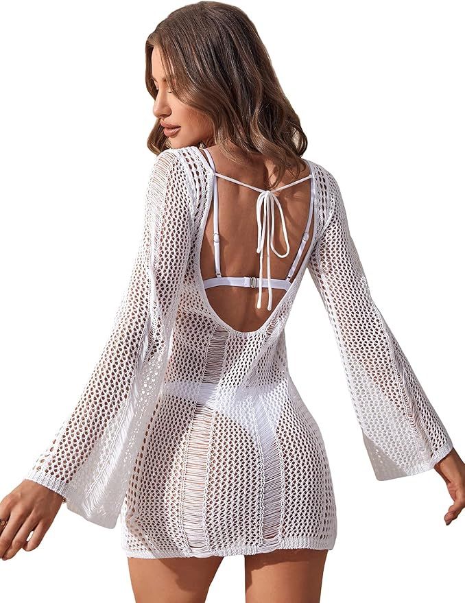 MakeMeChic Women's See Through Beach Swimsuit Cover Up Hollow Out Tie Back Long Sleeve Cover Up D... | Amazon (US)