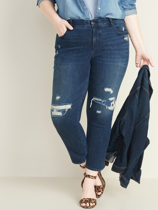 High-Waisted Secret-Slim Pockets + Waistband Distressed Power Slim Straight Plus-Size Jeans | Old Navy (US)