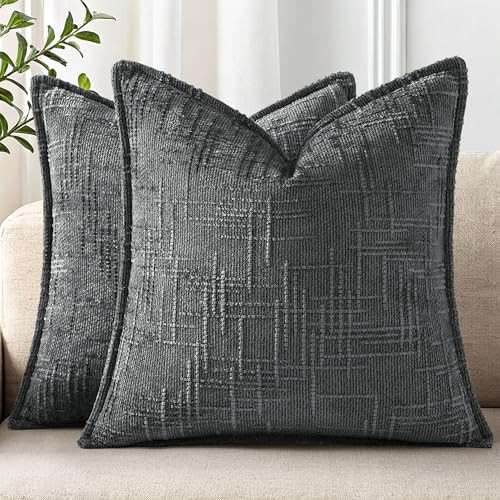 decorUhome Chenille Throw Pillow Covers 16x16 Set of 2, Thick Textured Slubby Neutral Decorative Pillow Covers with Elegant Design for Couch, Sofa, Living Room, Dark Grey | Amazon (US)