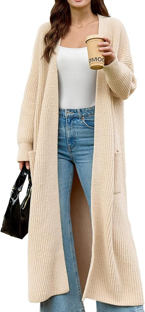 Snuggle Sac Long Cardigan Sweaters for Women with Pocket Fall Trendy Oversized Ribbed Knit Open F... | Amazon (US)