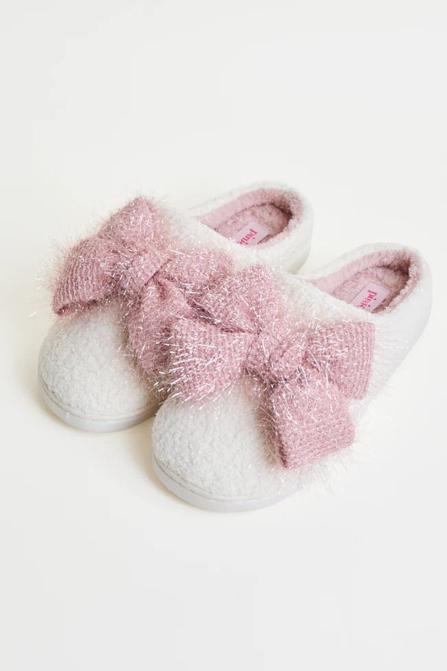 Cozi Pink Tinsel Bow Shearling Slippers | Pink Lily