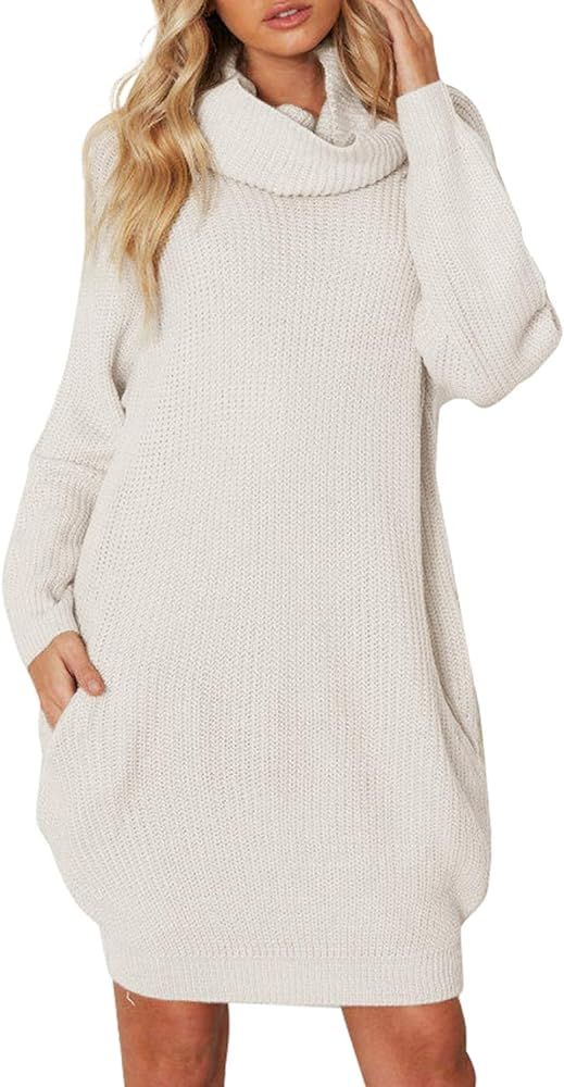 Simplee Women's Turtleneck Long Sleeve Oversized Sweater Dress with Pockets | Amazon (US)