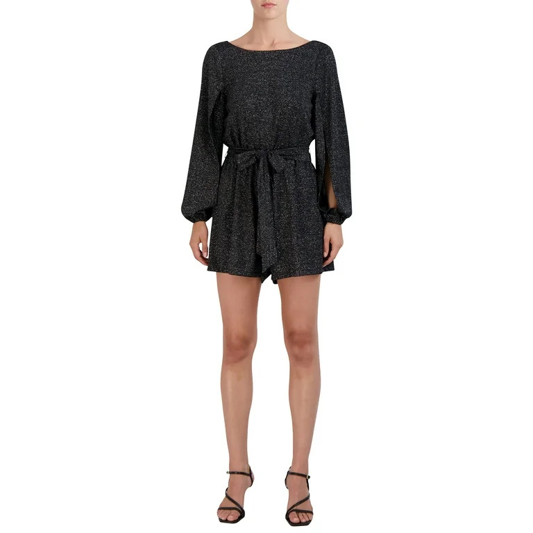 BCBG Paris Women's Sparkly Tied Waist Romper with Split Sleeves - Walmart.com | Walmart (US)