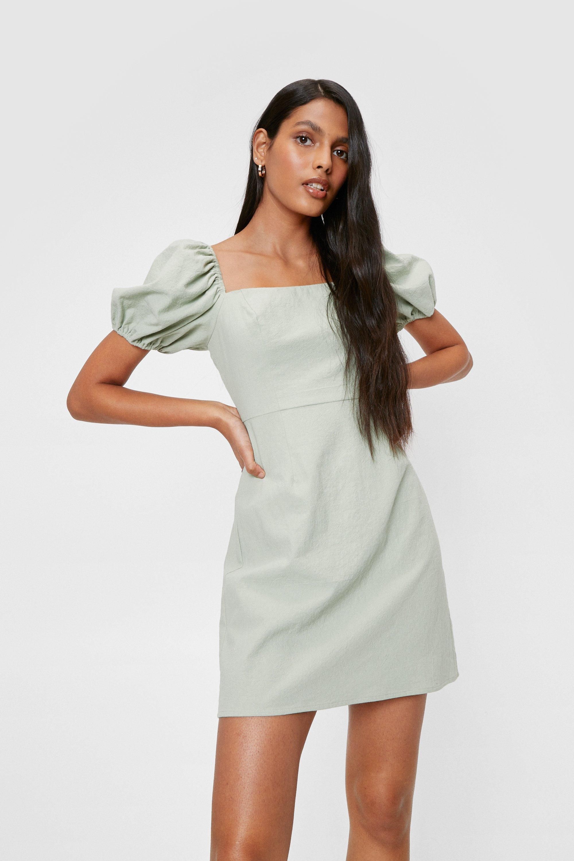 Puff Sleeve Linen Look Mini Dress | Nasty Gal (US)