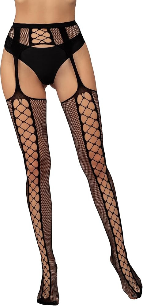 Verdusa Women's Fishnet Stockings Tights High Waist Lace Suspender Pantyhose | Amazon (US)