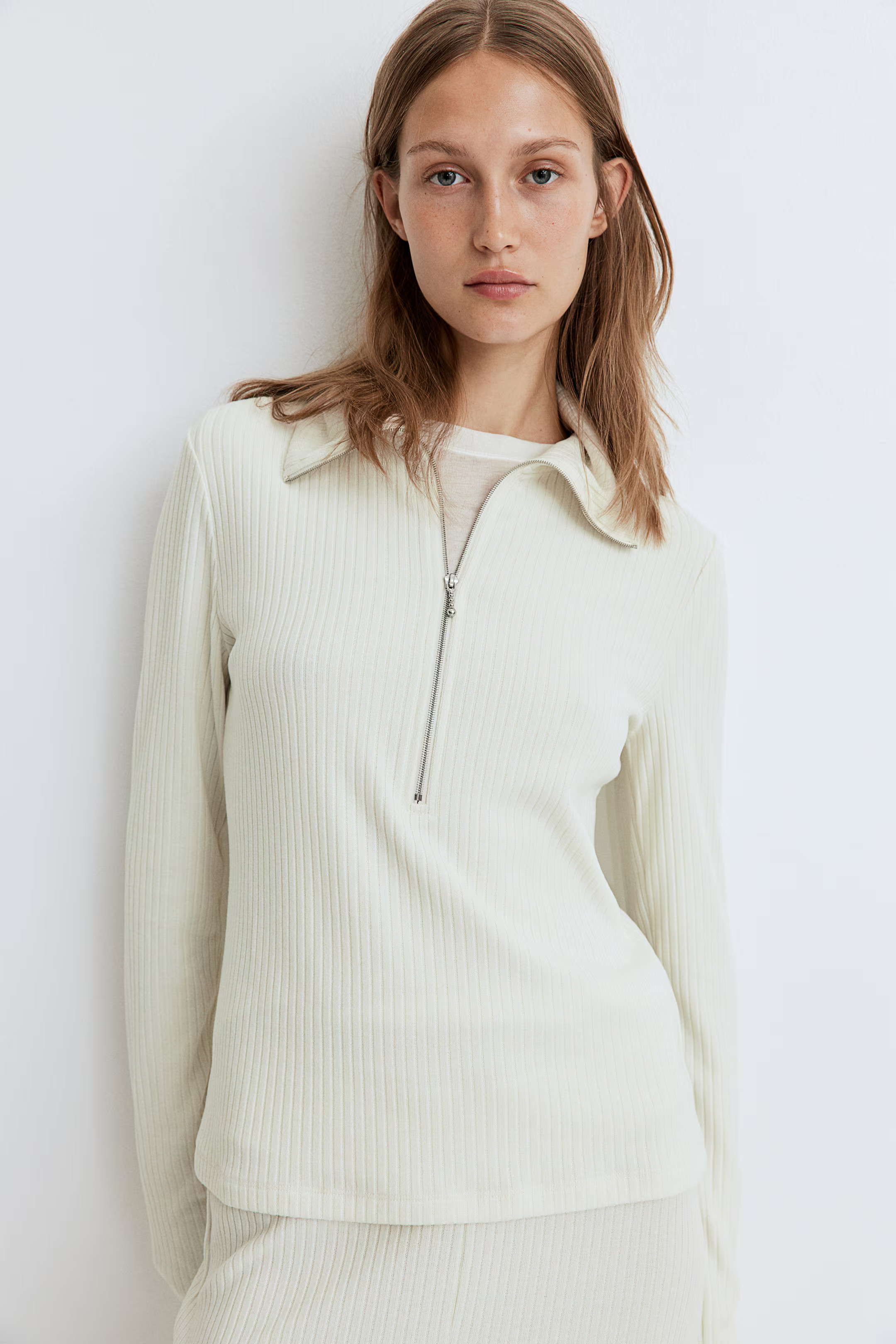Rib-Knit Half-Zip Top - Cream - Ladies | H&M CA | H&M (US + CA)