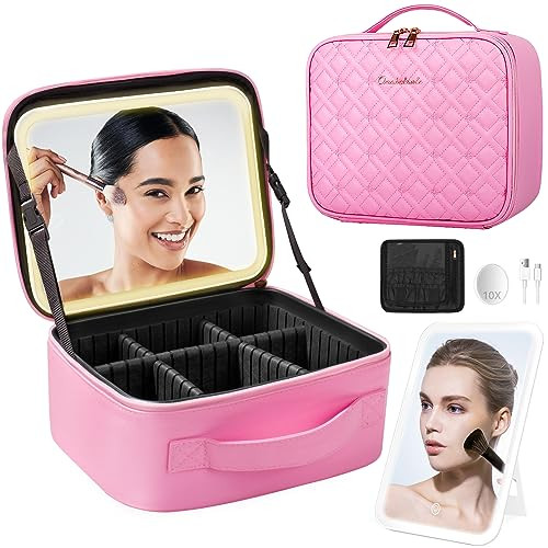 Lighted Makeup Case, Travel Make Up Organizer Bag Cosmetic Case with Adjustable Lighted Mirror 3 Color and 10x Magnifying Mirror, Adjustable Dividers Makeup Train Case Gift for Women (Pink) | Amazon (US)
