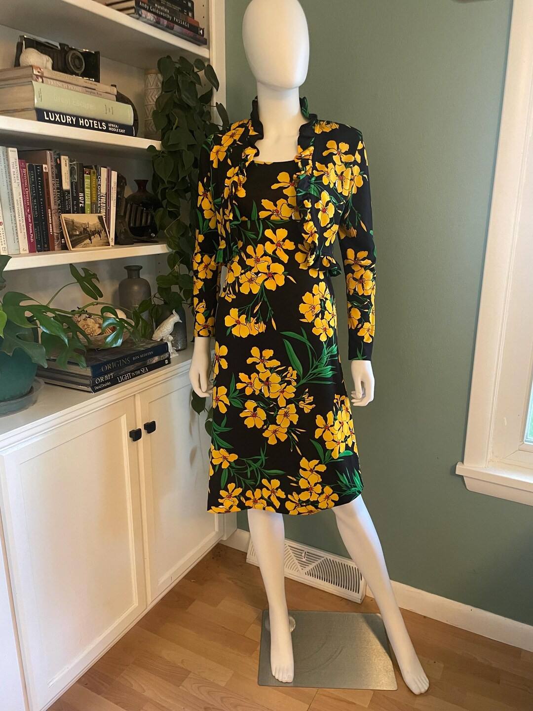 Vintage 70s Dress & Bolero Set Black Yellow Floral Ruffled Crop Jacket Sheath Mod Hostess | Etsy (US)