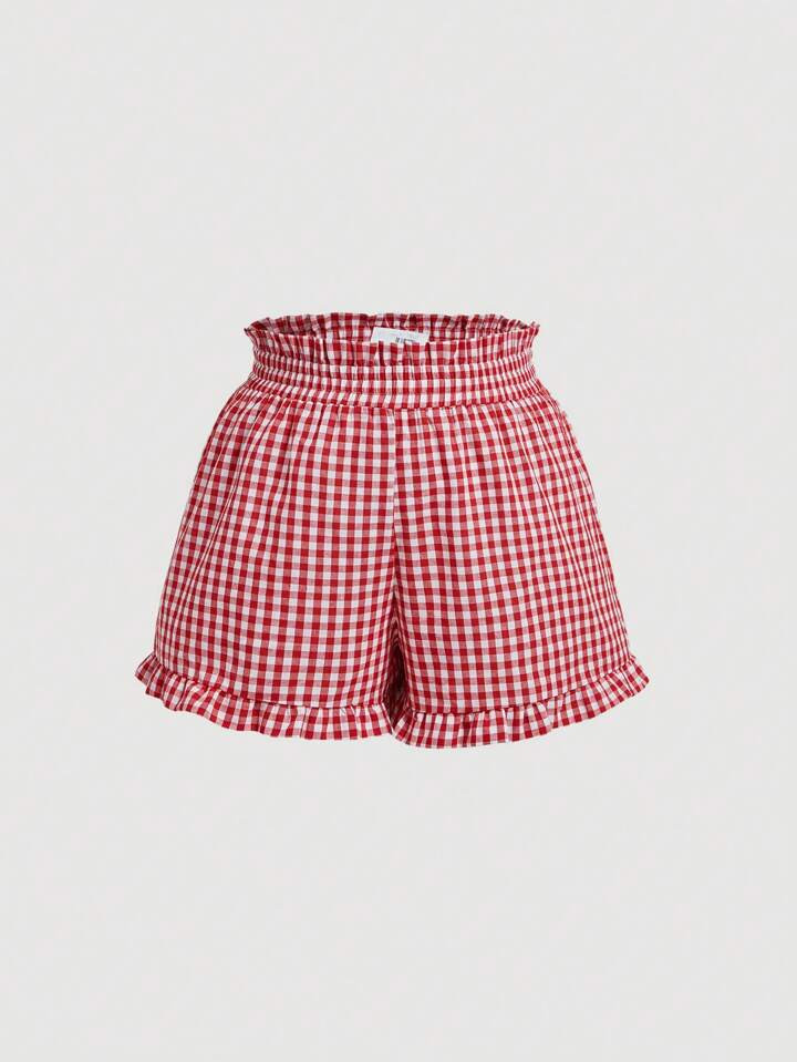 SHEIN MOD Plus Size Red & White Plaid Ruffled Trimmed Pleated Summer Shorts | SHEIN