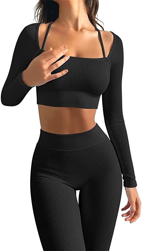 OQQ Yoga Outfits for Women 2 Piece Seamless Ribbed Workout High Waist Leggings with Crop Top Exer... | Amazon (US)